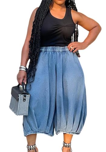 Women's Baggy Jeans Loose Elastic Waist Stretchy Denim Harem Pants Wide Leg Capri Jeans Streetwear