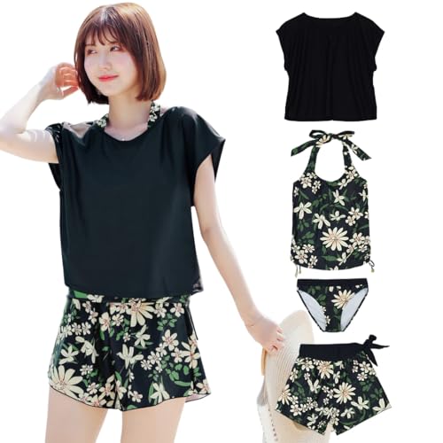 TeddyShop 水着 レディース 体型カバー タンキニ 4点セット 大人 ビキニ タンクトップ ショートパンツ Tシャツ ラッシュガード ママ水着 バックシャン 大きいサイズ hys1618 M(9号) U:ブラック×フラワー（Amazon）