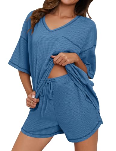 Image of Womens Pajama Sets Waffle Knit 2 Piece Short Lounge Set Cute Sleep Loungewear Pjs Set Short Sleeve Top and Shorts