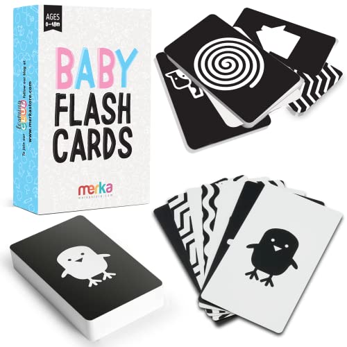 Image of Merka Newborn Toys & Sensory Flash Cards for Babies - High Contrast Baby Cards - 50-Pack Paper, 2.4 in x 4.2 in, Black & White - Visual Stimulation & Brain Development for 0-3 Months