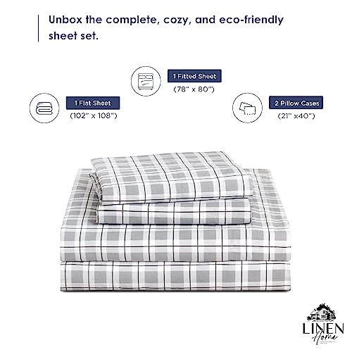 Image of Linen Home Cotton Lyocell Blend Percale Sheet Set King Size - 4 Piece Deep Pocket Bedding, Pre-Washed & Shrunk, Crisp Cooling Fabric, Fade-Resistant, Hotel Luxury, Wrinkle-Free - Checks Silver