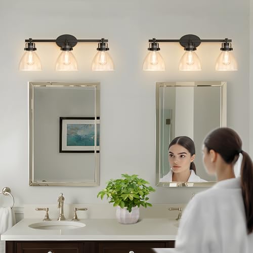 Image of DORESshop 3-Light Black Bathroom Vanity Light Fixture, Modern Wall Mounted Vanity Lighting with Clear Glass Shades - Waterproof & Damp Rated for Bathroom, Powder Room, Dimmable LED Bulb Compatible