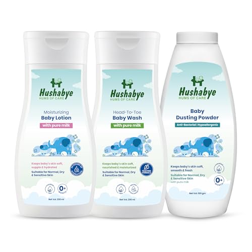 Image of Hushabye Moisturizing Baby Lotion (200ml), Head to Toe Wash (200ml) & Dusting Powder (100g) with Milk Protein | pH Balanced for All Skin Types | Newborn Care Gift Set, Combo Pack of 3