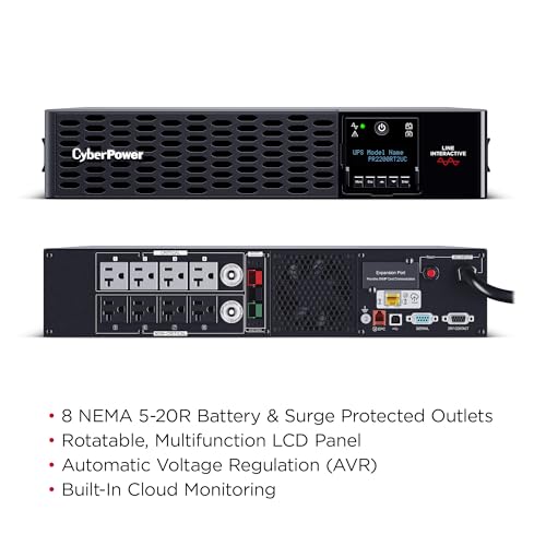 Image of CyberPower PR2200RT2UC Smart App Sinewave UPS Battery Backup and Surge Protector, 2200VA /2200W, 8 Outlets, 2U Rack /Tower, AVR, Built-in Cloud Monitoring, UL Certified
