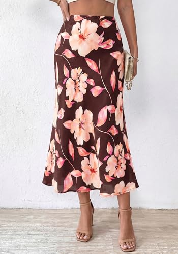 Image of BTFBM Satin Skirts for Women Trendy 2026 Summer Fall | High Waisted A-Line Leopard Print,Floral Print, Business Casual,Cocktail,Wedding Guest,Long Silk Midi Skirt