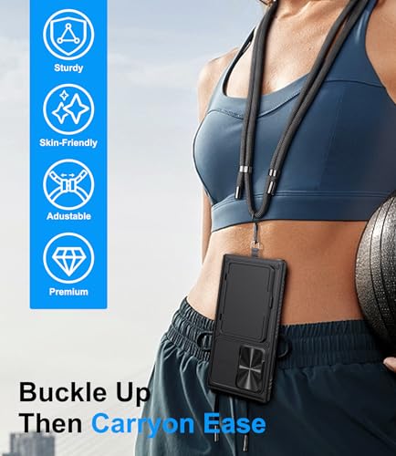 BXYJY for Samsung Galaxy S24 Ultra Case Wallet with Strap, Crossbody Cell Phone Lanyard for Women Men, Card Holder, Slide Camera Cover, Military Grade Drop, Heavy Duty Case for S24 Ultra Phone, Black - Thumbnail 5