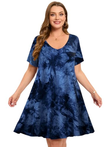 Image of ZENNILO Women's Plus Size Swing Dress with Pockets Casual Summer Dresses V Neck Short Sleeve T Shirt Dress for Women
