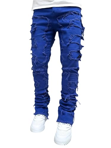 Image of SANSIWU Stretch Fit Skinny Stacked Ripped Destroyed Y2K Patch Jeans (A-Royal Blue, M)
