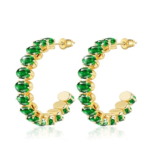 Linawe Emerald Green Chunky Gold Hoop Earrings, Hypoallergenic Half Hoop Huggie Earrings, Thick Large Hoop Birthstone Earrings with Cubic Zirconia Imitation Diamond Crystal