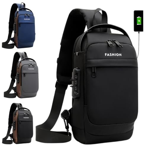 Bolsa Mochila Transversal Compacta Antifurto Unissex Com Cadeado, Porta USB, 7 Compartimentos E Tecido Resistente À Água (Preto)