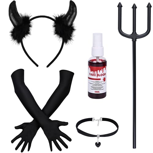 Costume Diable Femme, Ensemble 5 Pièces Gants Diables, Trident, Spray Faux Sang, Collier Gothique, Accessoires Diables pour Femme et Fille, Serre-Tête,Deguisement Halloween Diable et Carnaval（Noir）