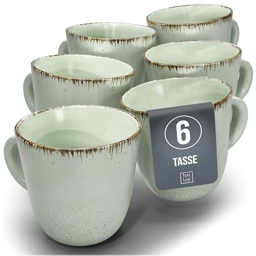 Set de 6 tasses à café Rustic - grès premium, résistantes au lave-vaisselle - Set de tasses à thé et à café modernes - Vaisselle Pure Living en Vert Menthe.