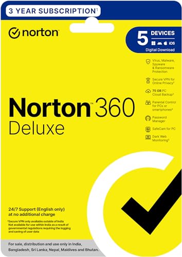 Image of Norton 360 Deluxe |5 Users 3 Years|Total Security for PC, Mac, Android or iOS|Additionally Includes Dark Web Monitoring, Password Manager, PC Cloud Back Up, SafeCam for PC |Email Delivery in 2 Hrs