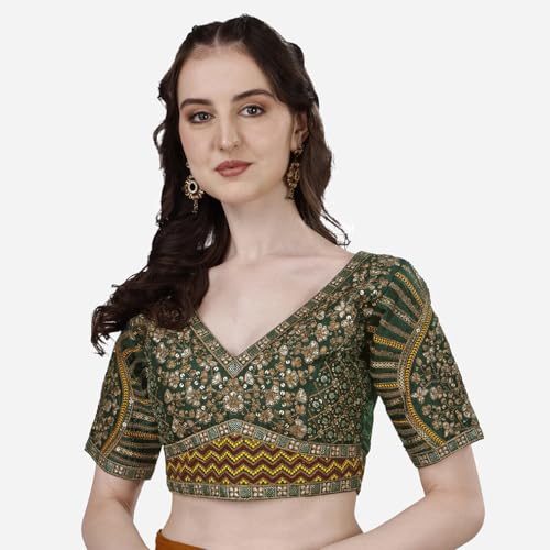 Image of Pujia Mills Mills Women's Fancy Readymade Heavy Coding Embroidary Worked Half Sleeve Multicolor Saree Blouse(Mushroom)