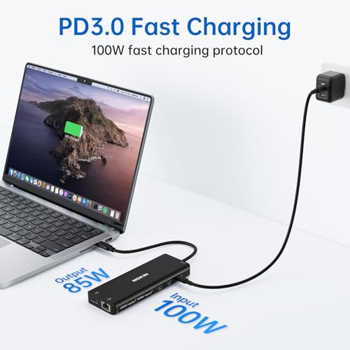 Image of USB C Laptop Docking Station Dual Monitor Dual HDMI 4K DP Triple Display Hub, 13 in 1 MOKiN USB C Hub with 3 Monitors, DisplayPort, USB 3.1, RJ45, 100W PD, Card Reader, Audio /Mic, for Dell HP, Black