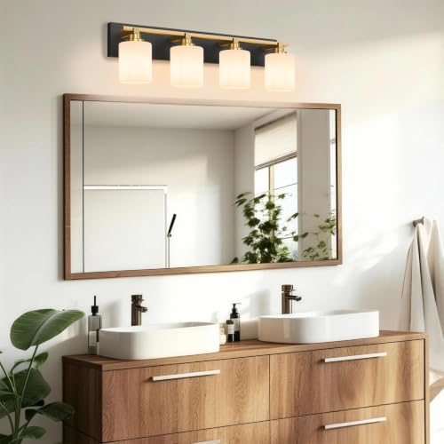 Image of Modern Bathroom Lighting Fixtures Over Mirror, Vanity Lights for Bathroom, Wall Sconces with Milky White Glass Shades, E26 Ceramic Socket, 4-Light 27.5-inch Black and Gold