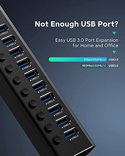 Powered-USB-Hub-Rosonway-Aluminum-10-Port-USB-30-Data-Hub-with-36W-12V3A-Power-Adapter-and-Individual-OnOff-Switches-USB-SplitterRSH-A10