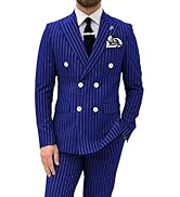 HANBANGWEI Men's Pinstripe Suit 2 Pieces Regular Fit Double-Breasted Blazer Pants for Wedding Sui...