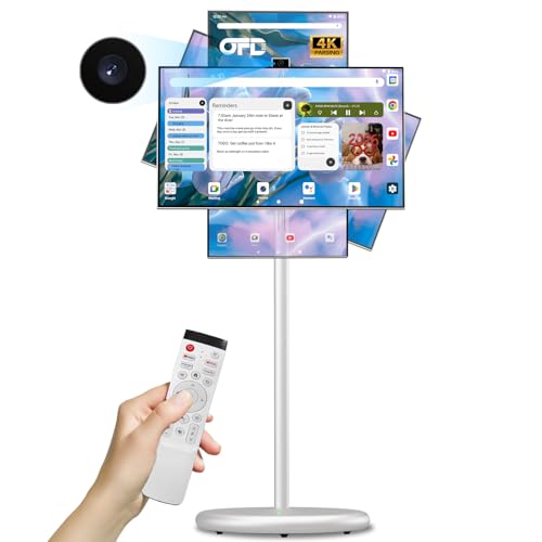 OFD 27 In Portable TV on Wheels 2nd Gen 1080P,Android 15 OS,6GB RAM+128GB ROM,100%sRG Swivel Rotation Smart Touchscreen,Rolling TV with 4K Webcam,USB-A-Remote,9000mAh Battery,EDLA-Certified,Off White