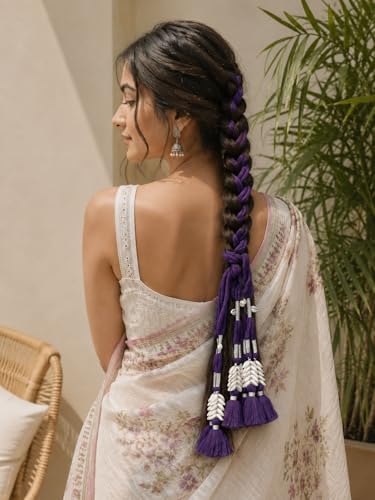 Image of Zippy Flora Handmade Boho Parandi | Traditional Hair Accessory with Tassles & Shells | Hair Extension | Choti |Women's Patiala Shahi Paranda | Soniya Parandi (Dark Purple) | 22 Inches Length
