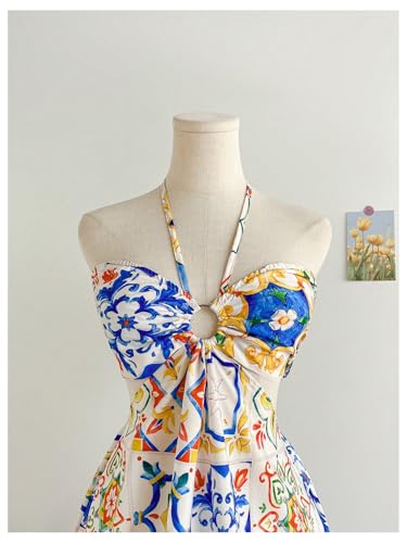 Image of Floerns Women's Floral Halter Neck Vacation Dress Sleeveless Cut Out Boho Cami Dress