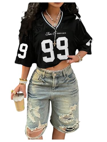 SweatyRocks Women's Number Graphic Jersey Shirts Y2k Crop Jerseys V Neck Oversized Baggy Tops Streetwear Black B Small