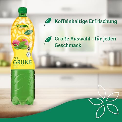 Pfanner Der Grüne – 6 x 1,5 l PET Flasche - Eistee Lemon Lychee aus direkt aufgebrühtem Grüntee - Ice Tea - Vorratspack