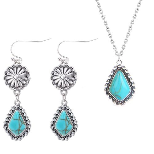 Colloca Turquoise Dangle Earrings & Necklace Set for Women, 925 Sterling Silver Western Bohemian Necklace, Boho Jewelry, Gift Box included