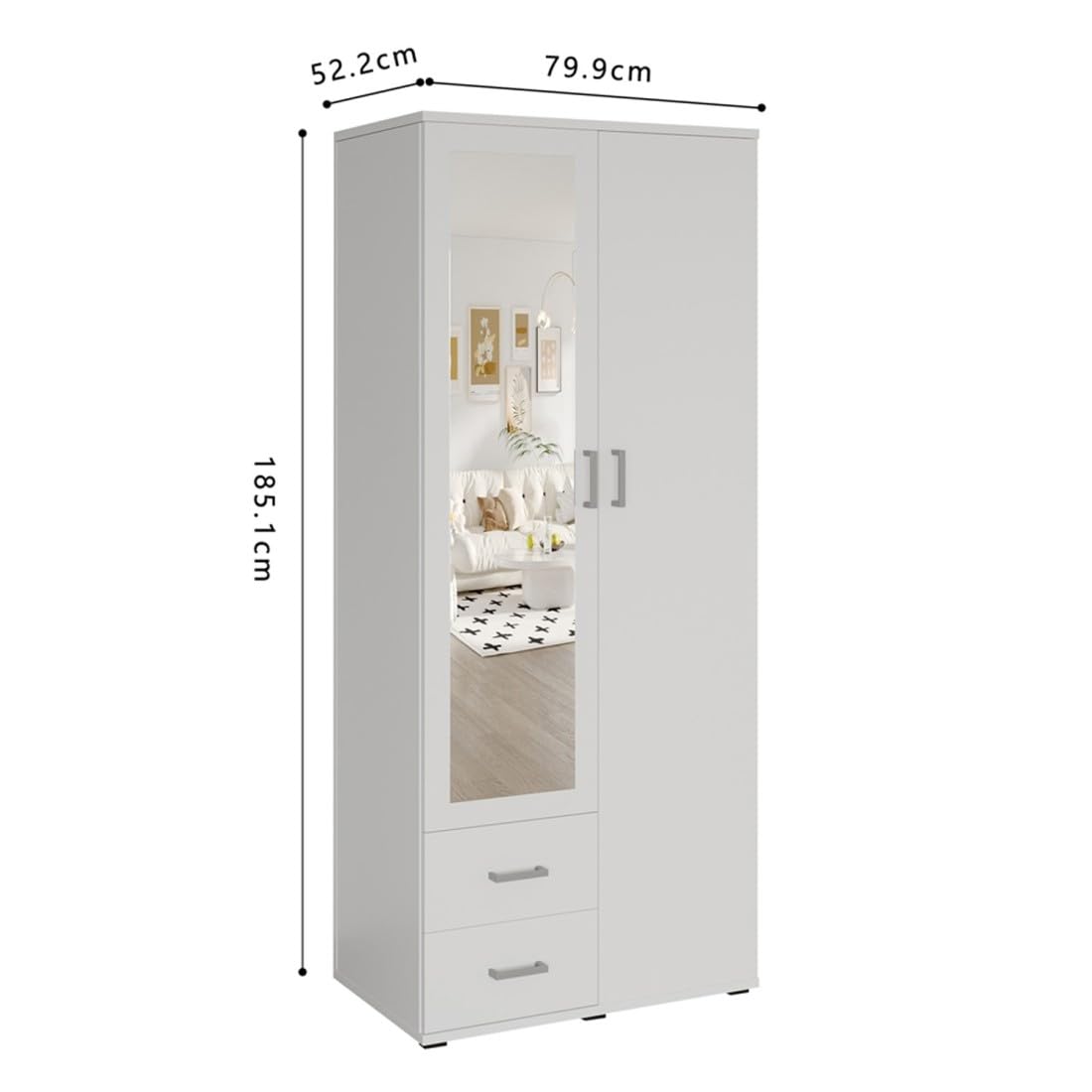 Armadio a 2 ante con specchio TOM - Dimensioni H185 x L80 x P52 cm - Colore Bianco - Stile Design