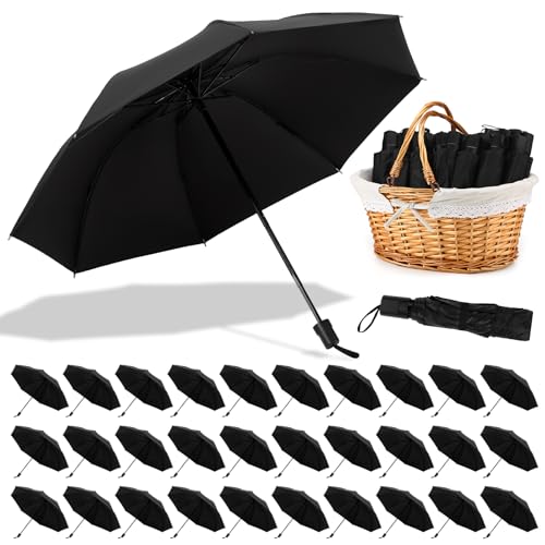 Yeyeplum 30 Pcs Wedding Umbrellas Bulk with Basket 37 Compact Windproof Umbrellas for Wedding Guests Outdoor Party Events(Foldable Black)