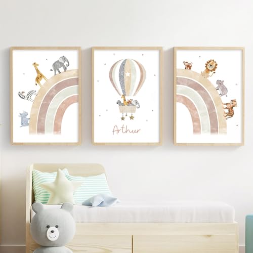 3 Affiche Animaux Chambre Bebe 30x40cm Poster Personnalisé Prenom Enfant Lion Elephant Arc en Ciel Montgolfière Tableau Savane Bébé Garcon Toile Enfant...