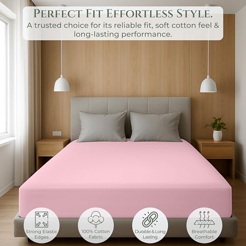 Image of Royale Linens 100% Organic Cotton Full Fitted Sheet Only - Percale Weave - Super Soft Deep Pocket Bottom Sheets - Pink Elastic Sheet - Full Size Fitted Sheets Only - (54 inchx75 inch+15 inch, Pink)