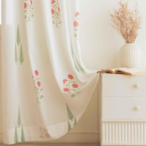 Image of Clasiko Block Print Sheer Door Curtains; 40% Light Filtering Linen Textured Curtains with Eyelets; Set of 2; 54x84 Inches / 7 Feet; Elysian Blossom
