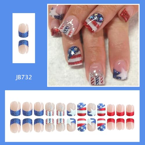 24Pcs Fake Nails - Red Blue Gradient French Tip