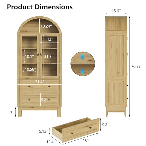 Image of 71 inch Tall Arched Bookshelf, 6-Tier Bookcase with Glass Doors & Adjustable Shelves, Wood Display Book Shelf with Drawers for Living Room, Dining Room, Natrual