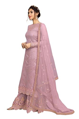 Image of TRENDMALLS Women's Net Embroidery Salwar Suit Kurta Sharara Set with Dupatta Skyblue