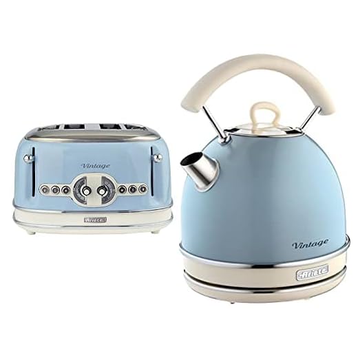 Ariete 0156Bl Tostador, 1630 W, Verde Pastel + 2877/05 Hervidor Vintage, 2200 W, 1.7 Litros, Acero Inoxidable, Azul