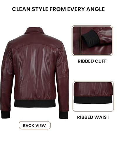 Image of Decrum Men's Bomber Leather Jacket - Vintage Style Real Lambskin Leather Jacket with Rib-Knit Cuffs and Hem