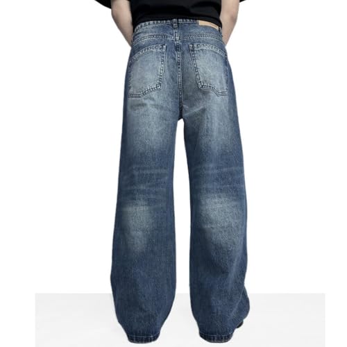 Mens Mid Rise Button Vintage Casual Wide Leg Baggy Embroidery Washed Jeans with Pockets2