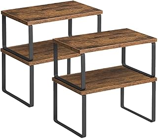 SONGMICS KCS021X01 Półka na przyprawy, zestaw 4 półek kuchennych, rozszerzalny organizer kuchenny, możliwość układania w stos, z metalu i płyt wiórowych, do szafki, styl vintage, brązowo-czarny