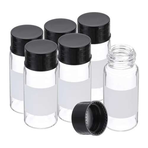 PATIKIL 6pcs 10ml Small Clear Glass Vials with Black Screw Cap, Borosilicate Glass Sample Bottles with Writing Label for Solid Liquid Powder Storage