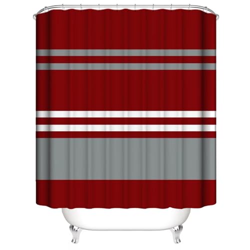 Red White Grey Fashion Striped Waterproof Shower Curtain, Modern Simple Hotel Bathroom Decoration Partition Curtain with Hooks 150x183cm/59x72in(WxH)
