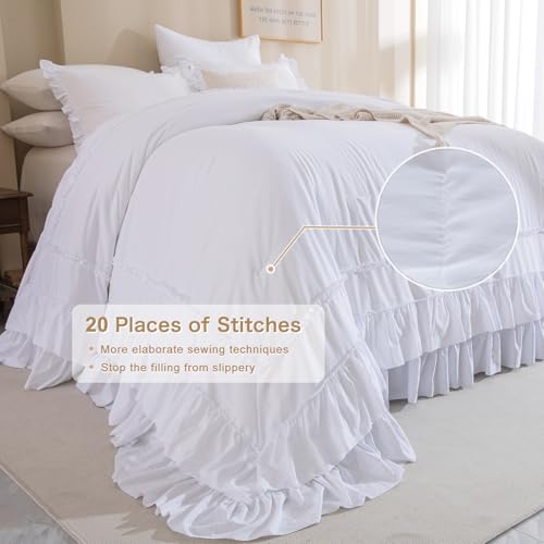 Image of QSH Oversized King Comforter Set 120x120, White Farmhouse Ruffled Bed Comforter Shabby French Country Rustic Vintage Bedding Comforter Microfiber Soft Lightweight Fluffy Bedding 3 PCs