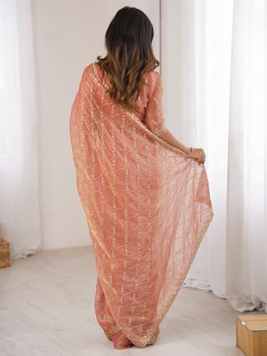 Image of AKHILAM Women's Shimmer Chiffon Heavy Sequence Embroidery Work Saree With Unstitched Blouse Piece (VT798A VM Parent)