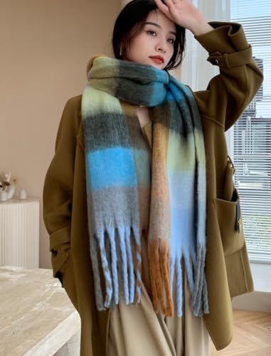 Wander Agio Winter Women Warm Scarf Long Shawl Large Scarves Cold Weather Thick Blanket Scarfs Colorful Plaid Green Cyan Black 32 - Thumbnail 6
