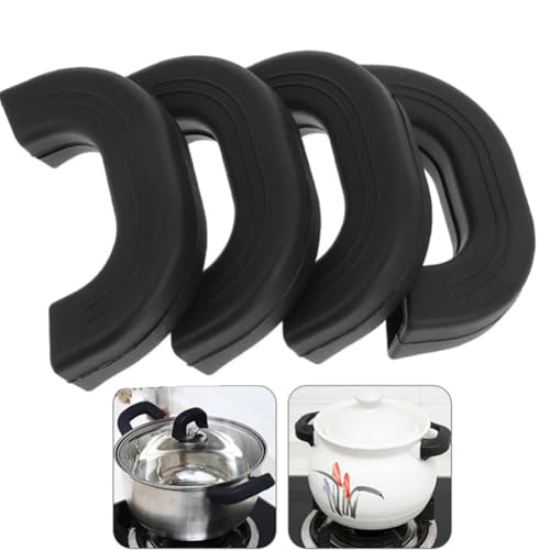 JJiaoLinin Presine Silicone da Cucina, 4 Pezzi Presine da Cucina in Silicone,Manici per Pentole in Silicone, Antiscivolo e Resistenti al Calore, per Wok Ghisa, Padelle, Piastre (Nero)