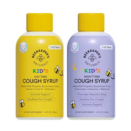 Beekeepers Naturals Kids Honey Cough Syrup Day & Night Value Pack Immune Support with Elderberry Vitamin C D Propolis & Raw Honey Soothing Clean Ingredients Two Pack 2 x 4 fl oz