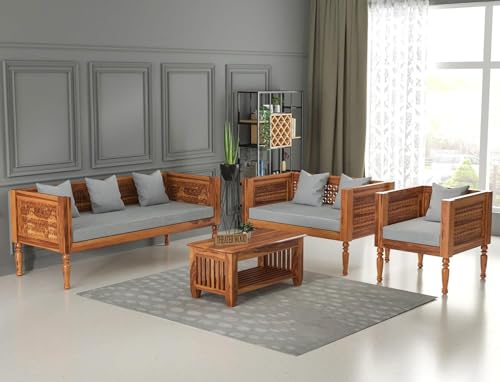 Image of Sheesham Wooden 6 Seater Sofa Set for Living Room Rosewood Cushion Solid Wood Sofa Set for Lounge (Honey with Grey Cushion, 6 Seater)