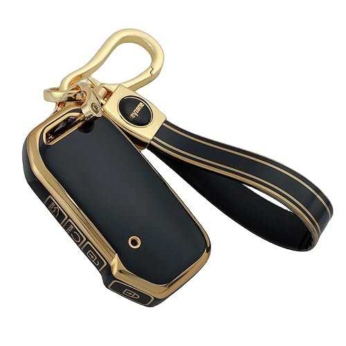 Image of Keyzone TPU Car Key Cover & Keychain Compatible for: Kia Carens Sonet2023, Seltos 2023 Onwards 4 Button Smart Key (Compare Key Shape Before Ordering) (Gold Black with Gold Black Keychain)