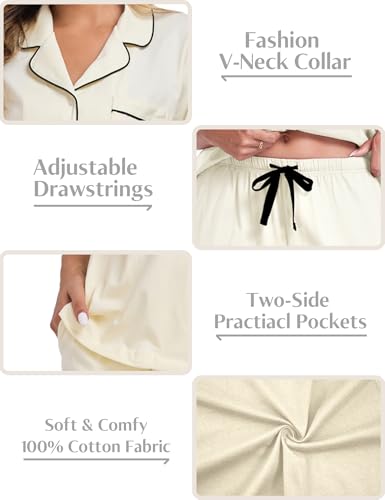 Image of COLORFULLEAF Women's 100% Cotton Pajamas Set Short Sleeve Sleepwear Soft Button Down Loungewear Pjs with Pockets S-XXL(Tan,S)